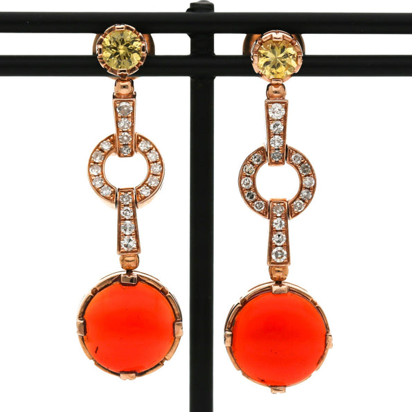 2.51 Carat Fire Opal, Yellow Sapphire, and Diamond 14K Rose Gold Drop Earring