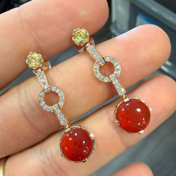 2.51 Carat Fire Opal, Yellow Sapphire, and Diamond 14K Rose Gold Drop Earring