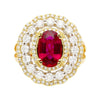 2.58 Carat Oval Thai Ruby & Triple Diamond Halo Retro Wide Frame Ring