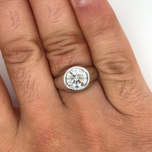 2.6 Carat Round Cut Lab Grown Diamond in 14K White Gold Bezel Set Mens Solitaire Ring