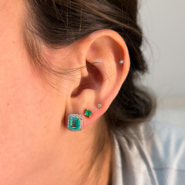 2.60 Carat Emerald Cut Emerald and Diamond Halo 18K Two Tone Gold Stud Earring