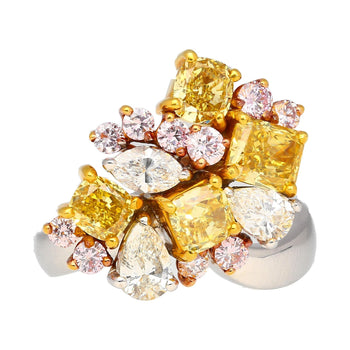 Bague cluster en platine et or 18K avec diamants multitailles roses, jaunes et blancs de 3 carats – Assay Jewelers