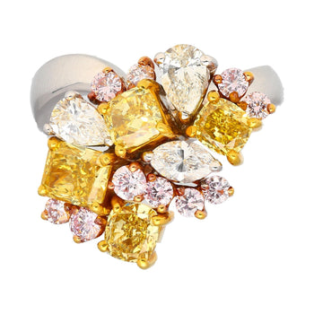 Bague en platine et or 18K avec grappes de diamants taille mixte rose, jaune et blanc de 3 carats – Assay Jewelers