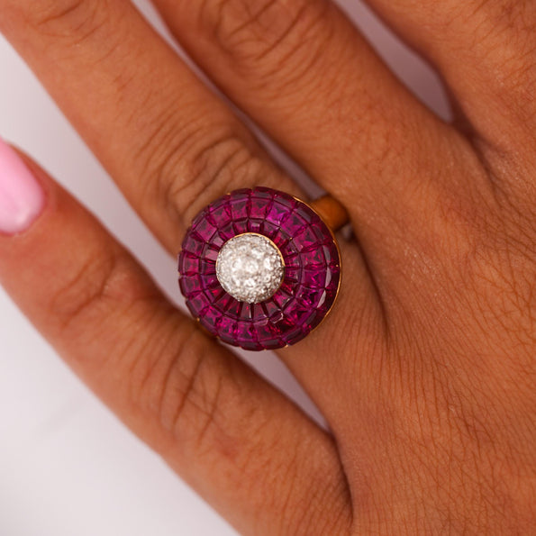 3 Carat Square Ruby and Diamond 18K Gold Button Cocktail Ring