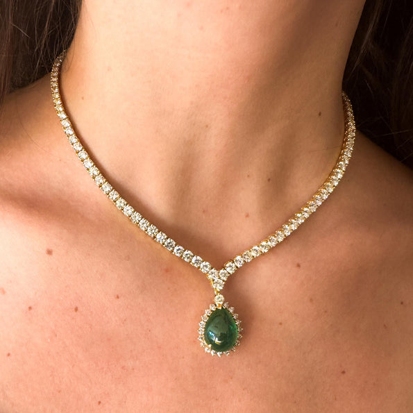 32 Carat Pear Cabochon Emerald & Diamond 18K Gold Drop Emerald Necklace