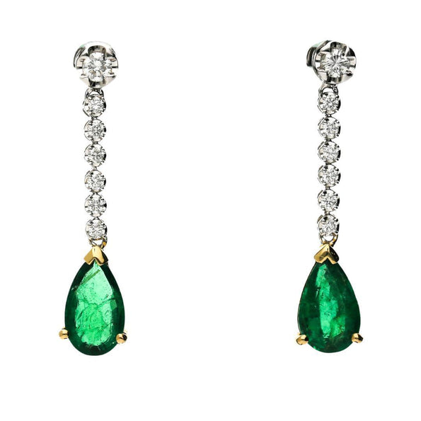 3.02 Carat Pear Vivid Green Emerald & Diamond 18K Gold Drop Earring