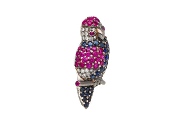 3.14 Carat Pink & Blue Sapphire & Diamond Pave in 18K White Gold Parrot Brooch – Assay Jewelers