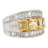 3.28 Carat TW Natural Radiant Cut Fancy Yellow Diamond 3-Stone Ring in 18K White Gold