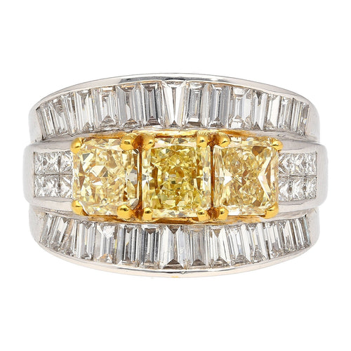 3.28 Carat TW Natural Radiant Cut Fancy Yellow Diamond 3-Stone Ring in 18K White Gold