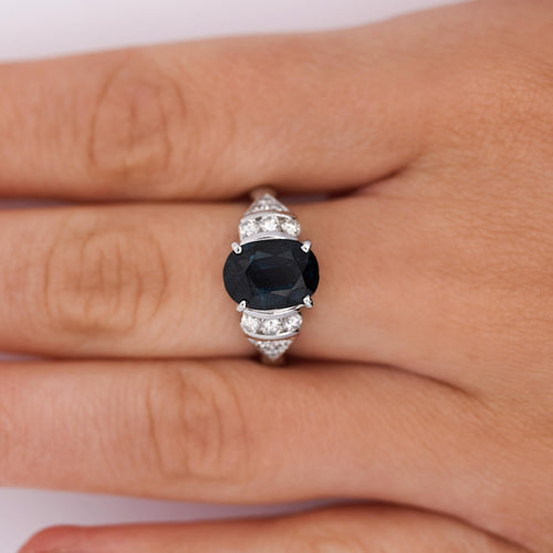 3.29 Carat Oval Blue Sapphire & Diamond in Platinum Engagement Ring