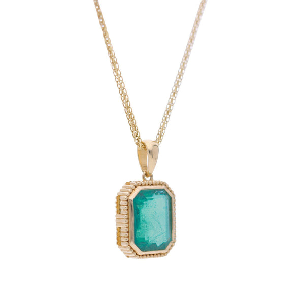 3.47 Carat Emerald Cut Emerald Milgrain Bezel 18K Yellow Gold Pendant Necklace