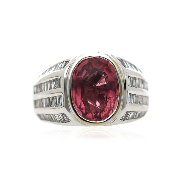 3.59 Carat Oval Pink Tourmaline and Baguette Diamond 18K White Gold Unisex Ring