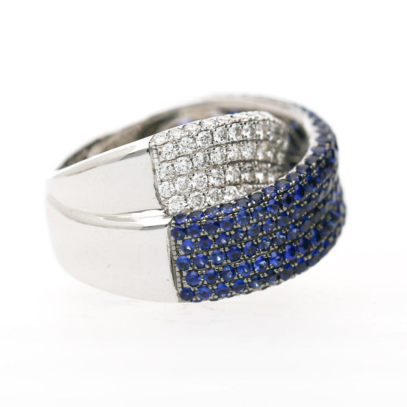 3.72 Carat Blue Sapphire & Diamond Pave 18K Crossover Band Ring