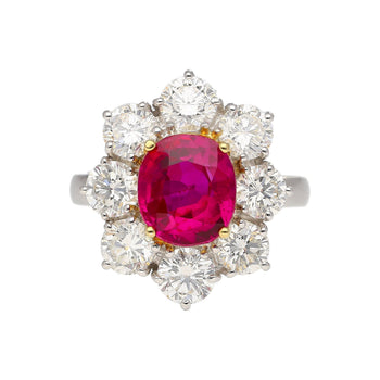 3.80 Carat Oval Cut No Heat Burma Ruby Ring With Round Diamond Halo in Platinum – Assay Jewelers