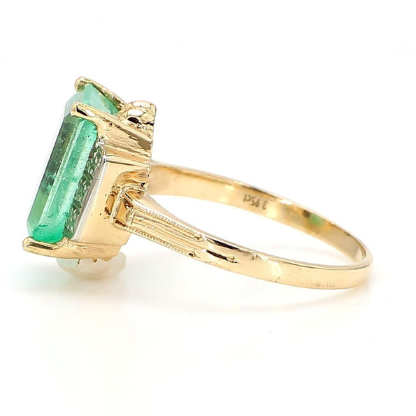 3.95 Carat Emerald & Diamond Milgrain Vintage 14K Gold Ring
