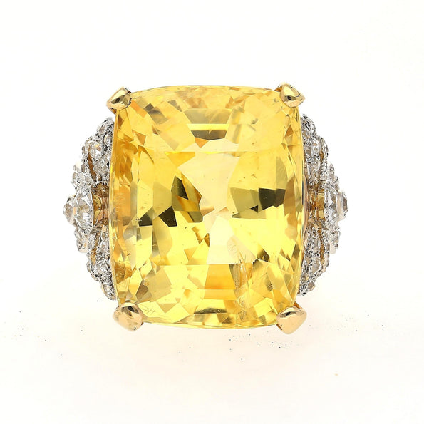 47.10 Carat No-Heat Yellow Sapphire & Old Euro Diamond Vintage Ring