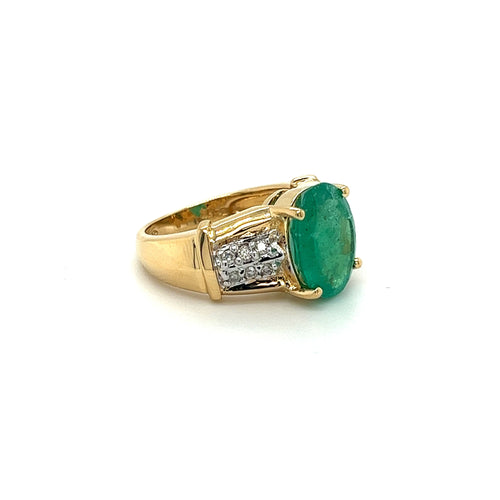 4.14 Carat Oval Cut Natural Emerald and Diamond Ring in 18K Yellow Gold