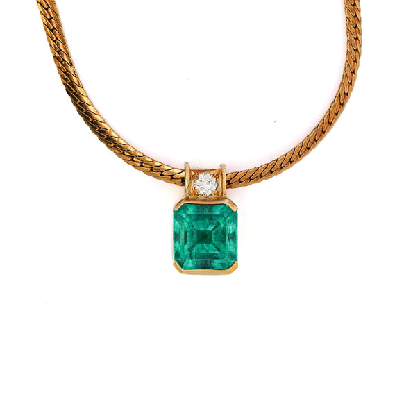 4.36 Carat Colombian Emerald Half Bezel 18K Gold Pendant Necklace