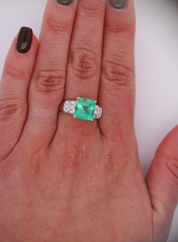 4.39 Carat Emerald Cut Green Emerald & Princess Cut Diamond 18K Two Tone Ring