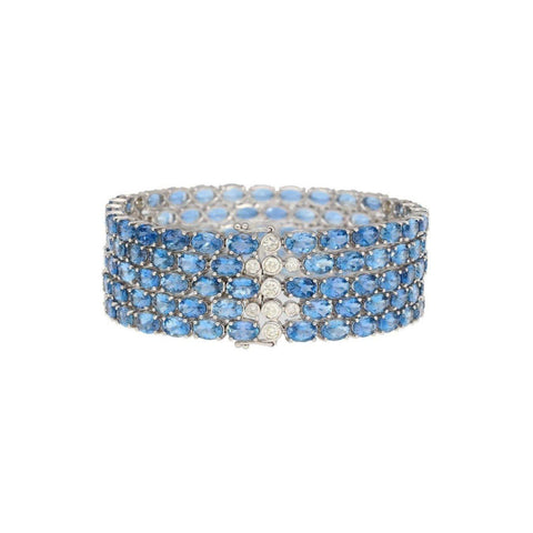 53 Carat Oval Cut Aquamarine and Diamond Multi Row Tennis Bracelet in 18K White Gold