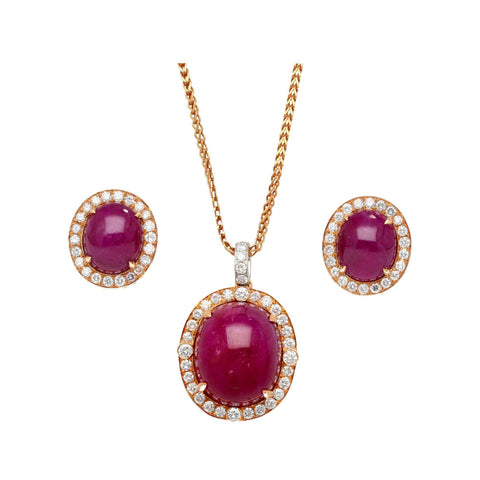 57.95 Carat Cabochon Cut Deep Pink Ruby & Diamond Halo Earrings & Necklace Set