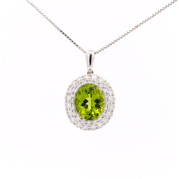 Pendentif péridot taille ovale 5,03 carat avec halo de diamants taille ronde en or blanc 18K – Assay Jewelers