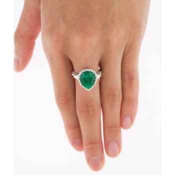 5.12 Carat Pear Cut Colombian Emerald Ring with Baguette Diamond Sides in 18K Gold – Assay Jewelers