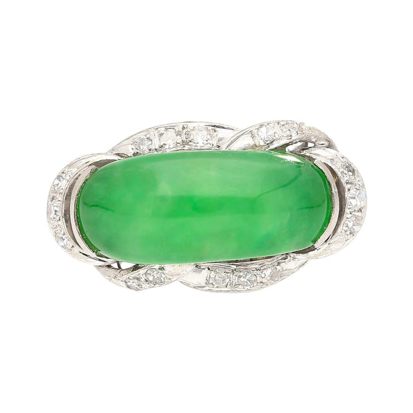 5.29 Carat Type A Jade & Diamond in Ornate Saddle-Top 18K White Gold Ring