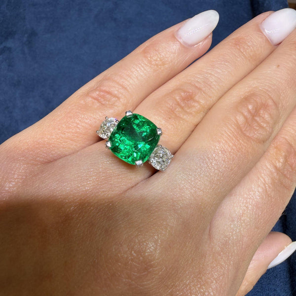 5.41 Carat Vivid Green Colombian Muzo Emerald & Old Euro Diamond 3 Stone Ring