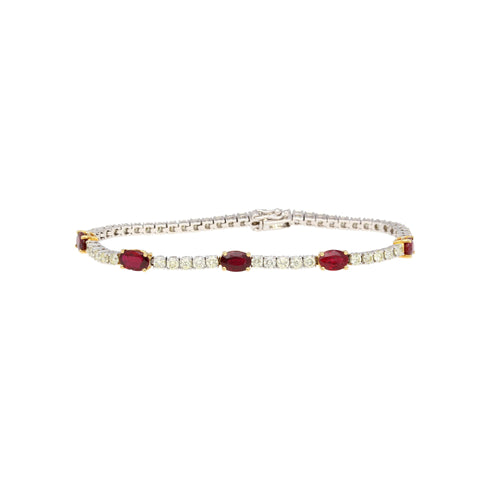 5.54 Carat Oval Cut Ruby and Diamond Tennis Bracelet in Two Tone 18K Gold