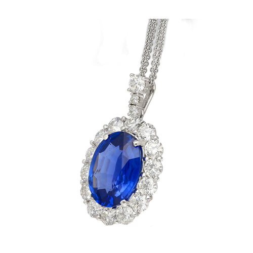 5.83ct Oval No-Heat Blue Sapphire Diamond Halo Platinum Necklace