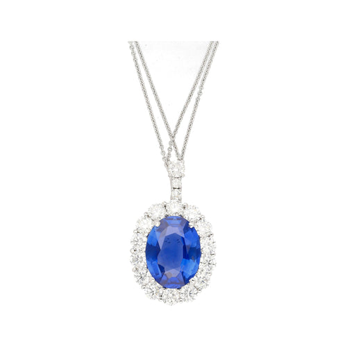 5.83ct Oval No-Heat Blue Sapphire Diamond Halo Platinum Necklace