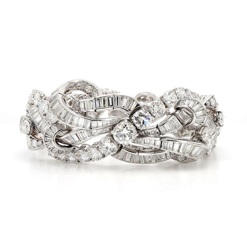 60 Carat Baguette & Round Cut Diamond in Platinum Retro Scroll Design Bracelet