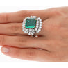 6.26 Carat Emerald Cut Emerald with Trillion and Round Cut Diamond Side Stone Ring in 18K White, Yellow Gold