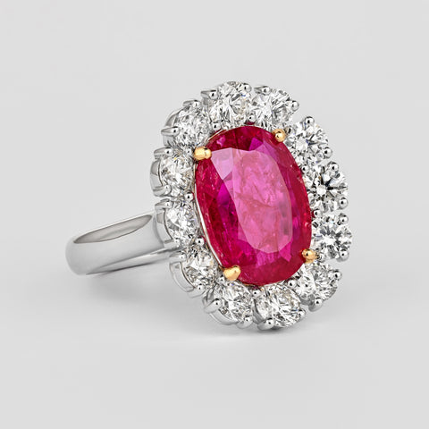 6.45 Carat No-Heat Burma Ruby Oval Cut & Round Diamond Halo Ring