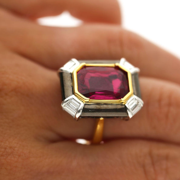 6.94 Carat Emerald Cut Ruby & Diamond 18K Black Bezel Gold Ring