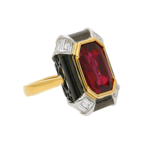6.94 Carat Emerald Cut Ruby & Diamond 18K Black Bezel Gold Ring