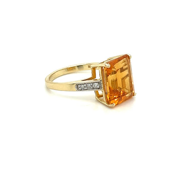 7 Carat Emerald Cut Citrine and Round Cut Diamond Ring in 14k Yellow Gold – Assay Jewelers