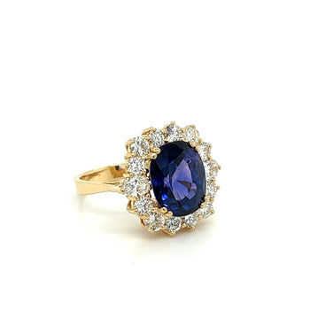 Bague halo en saphir bleu taille ovale de 7,15 carats et diamants en or jaune 14K – Assay Jewelers