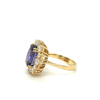 Bague halo en saphir bleu taille ovale de 7,15 carats et diamants en or jaune 14K – Assay Jewelers