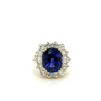 Bague halo en saphir bleu taille ovale de 7,15 carats et diamants en or jaune 14K – Assay Jewelers
