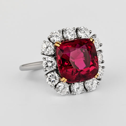 7.25 Carat No Heat Cushion Cut Ruby & Diamond Halo Platinum 18K Gold Ring