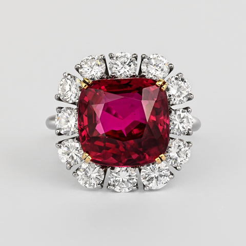 7.25 Carat No Heat Cushion Cut Ruby & Diamond Halo Platinum 18K Gold Ring
