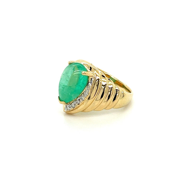 7.81 Carat Pear Shaped Cabochon Emerald & Diamond in 18K Yellow Gold Ring