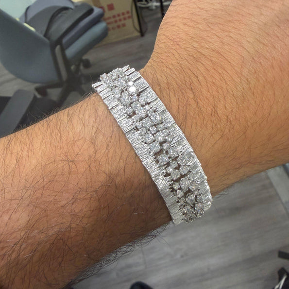 8.50 Carat Round Diamond Three-Row 14K White Gold Bark Texture Wide Bracelet