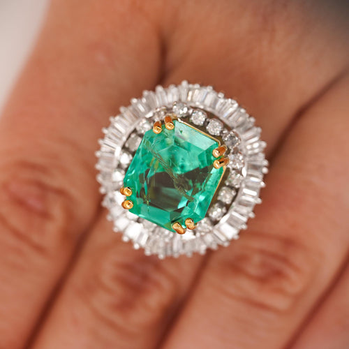 9.17 Carat Octagon Chivor Emerald & Diamond Palladium Ballerina Ring