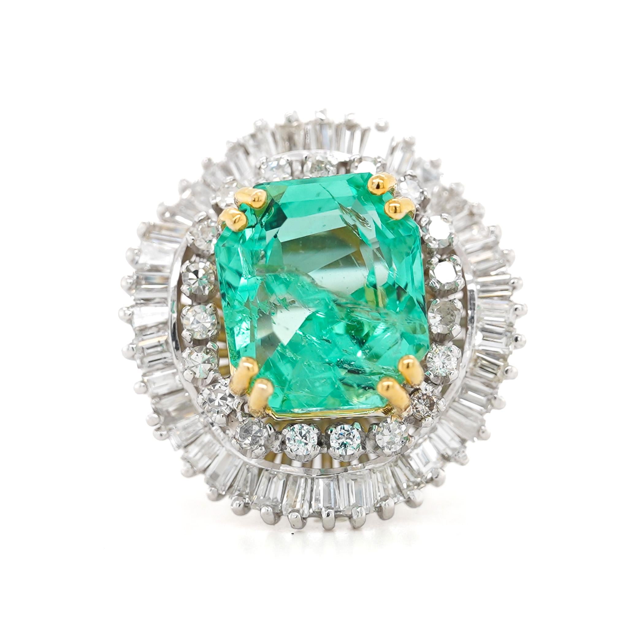 9.17 Carat Octagon Chivor Emerald & Diamond Palladium Ballerina Ring