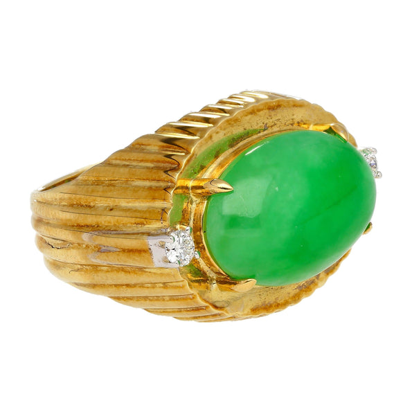 Bague en jade jadéite Fei Cui de type A de 9,40 carats et diamants, en or texturé 18K