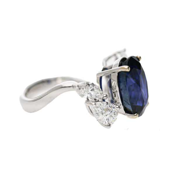 9.5 Carat No Heat Blue Sapphire and Pear Diamond Wing Ring