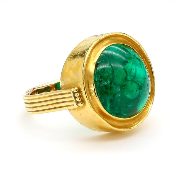 AGL Cert. 10ct Colombian Emerald Cabochon Bezel Gold Egyptian Revival Ring